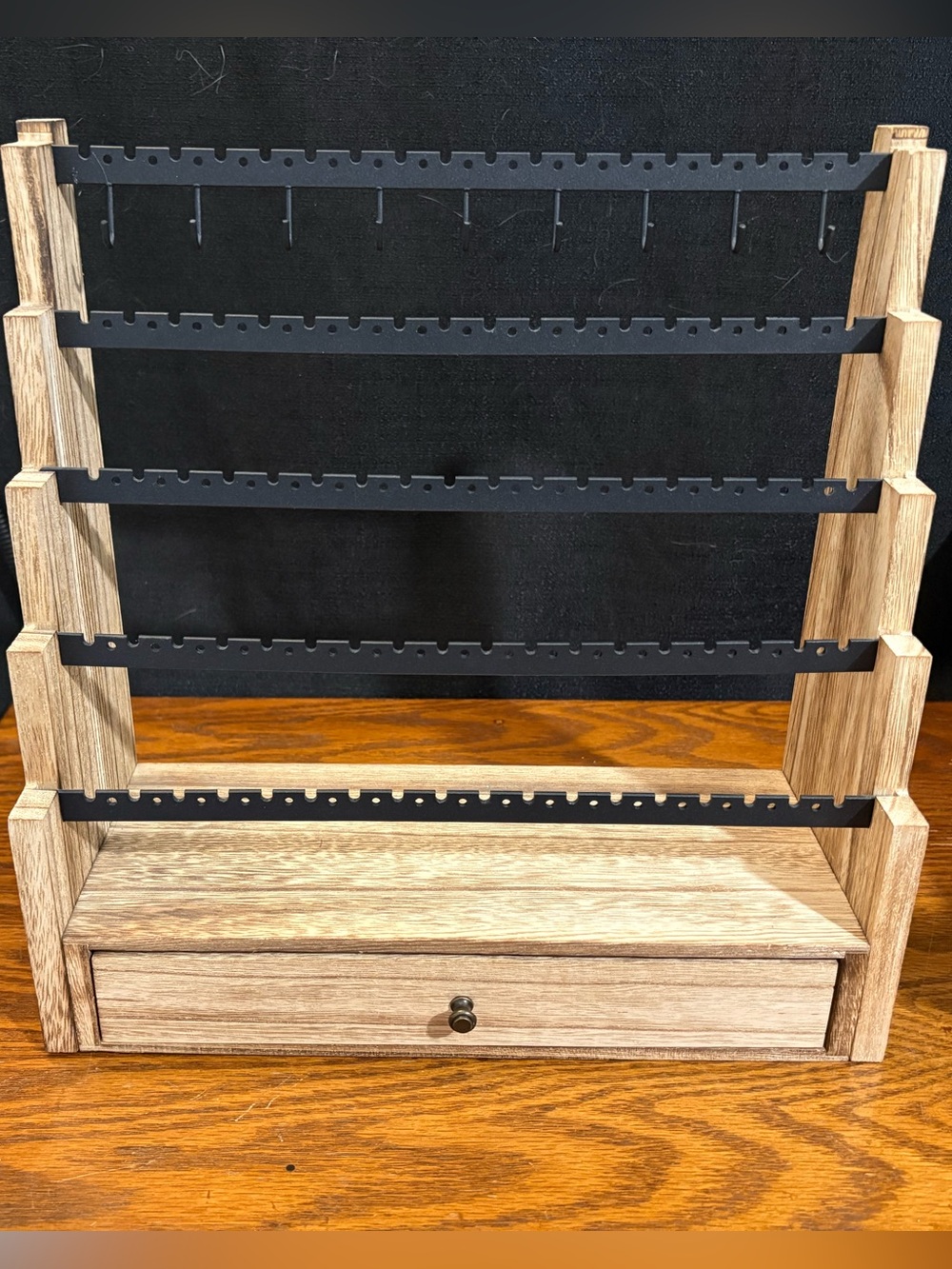 Wood and Black Metal Jewelry Organizer Stand with Drawer